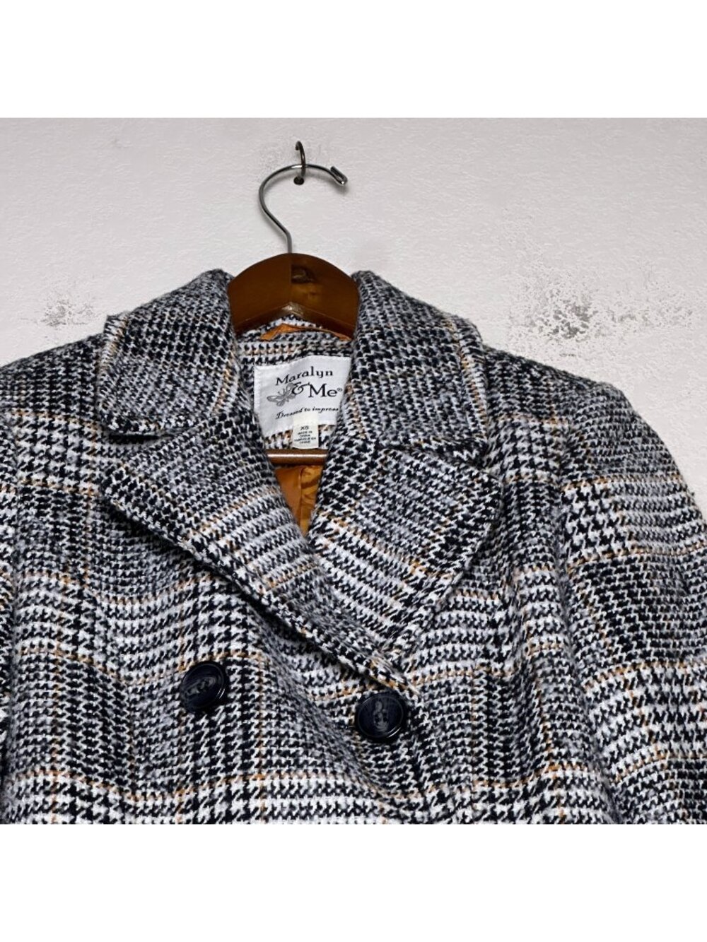 Maralyn & Me Knit Plaid Women XS Black Coat Jacket Trench Outerwear Wool Blend